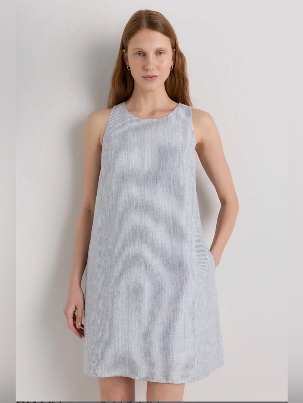 Quince 100% European Linen Blue Pinstripe Tank Mini Shift Dress Size Small